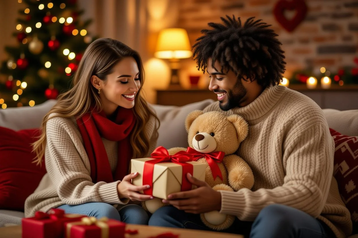 Couple exchanging romantic teddy bear gift on Valentine's Day in cozy home setting