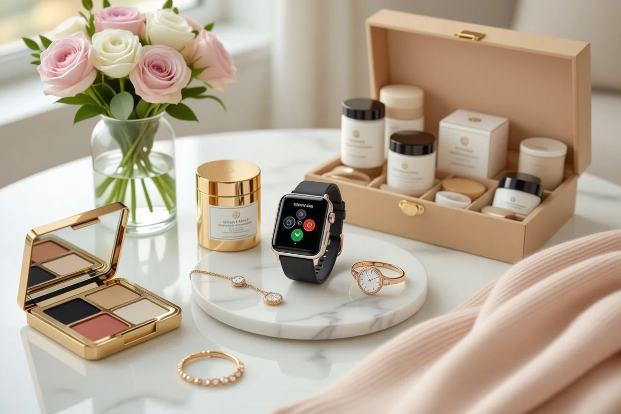 Smart lasting gifts for women including smartwatch, jewelry organizer, and premium skincare products arranged in elegant flat lay