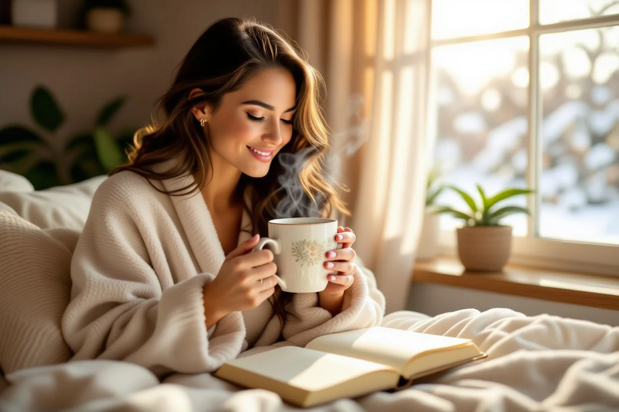Woman enjoying thoughtful daily gifts during peaceful morning routine with coffee and journal