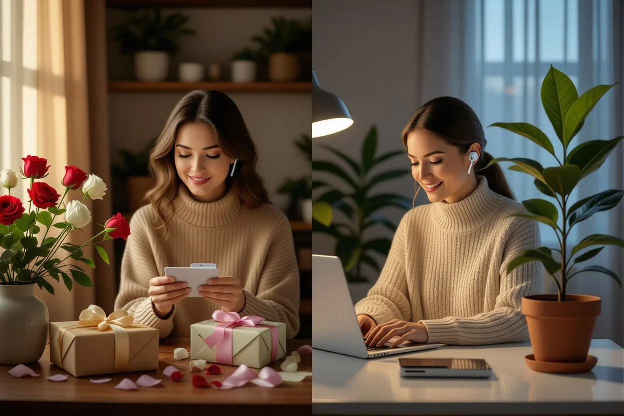 Visual comparison between temporary romantic gifts and lasting practical gifts for women showing daily value