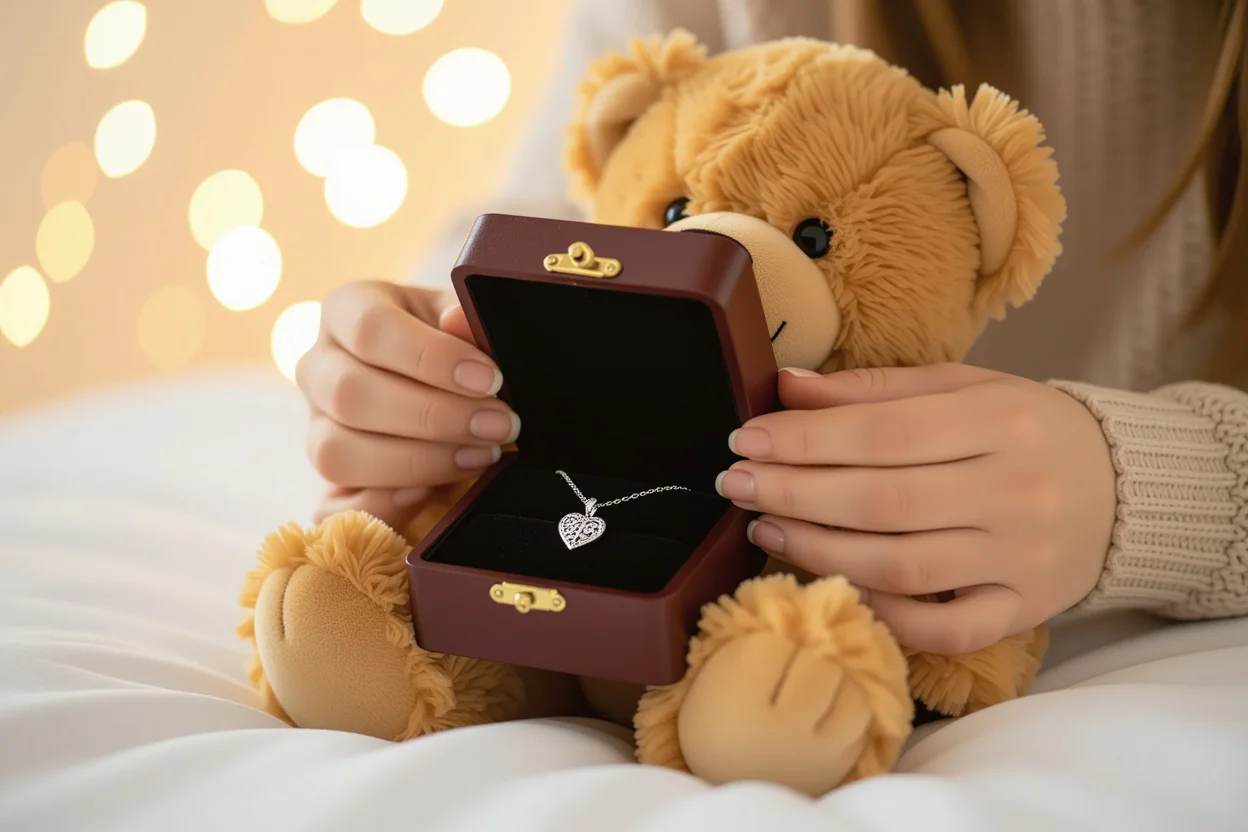 Hidden necklace surprise being revealed from teddy bear compartment romantic gift