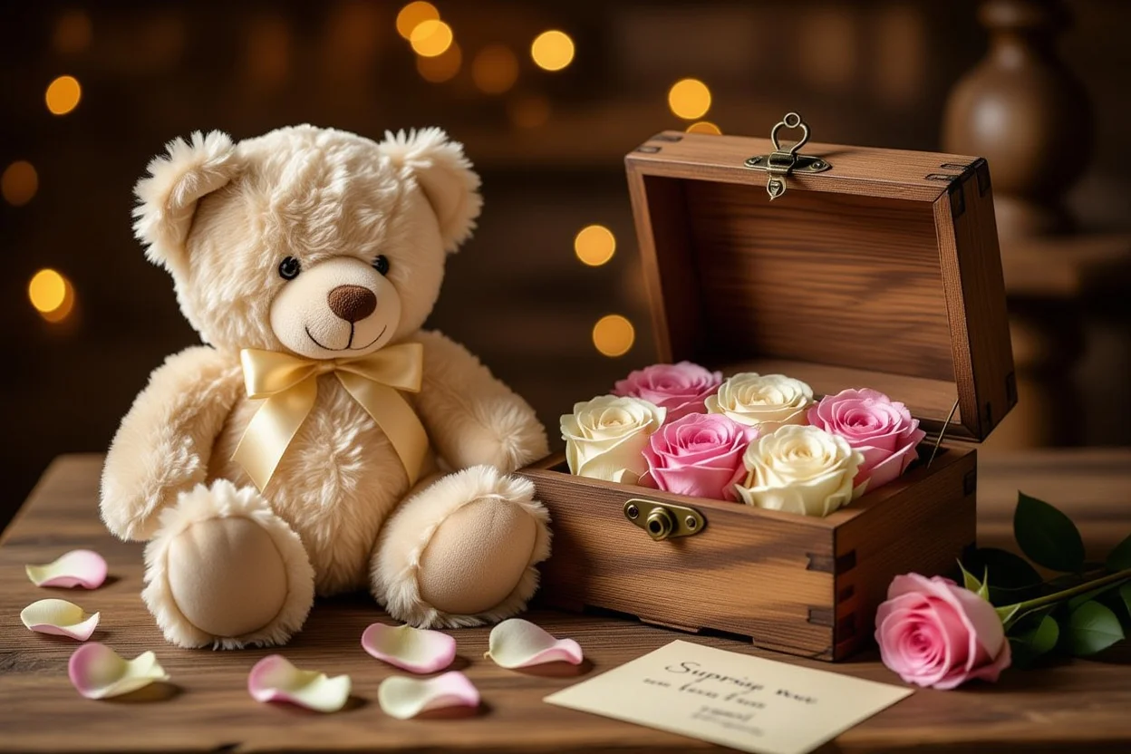 Teddy bear with hidden compartment containing preserved roses - thoughtful surprise gift for everyday appreciation