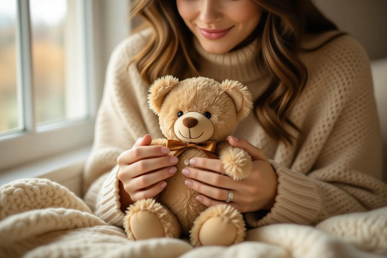 Woman discovering hidden jewelry surprise inside teddy bear gift - everyday romantic gesture