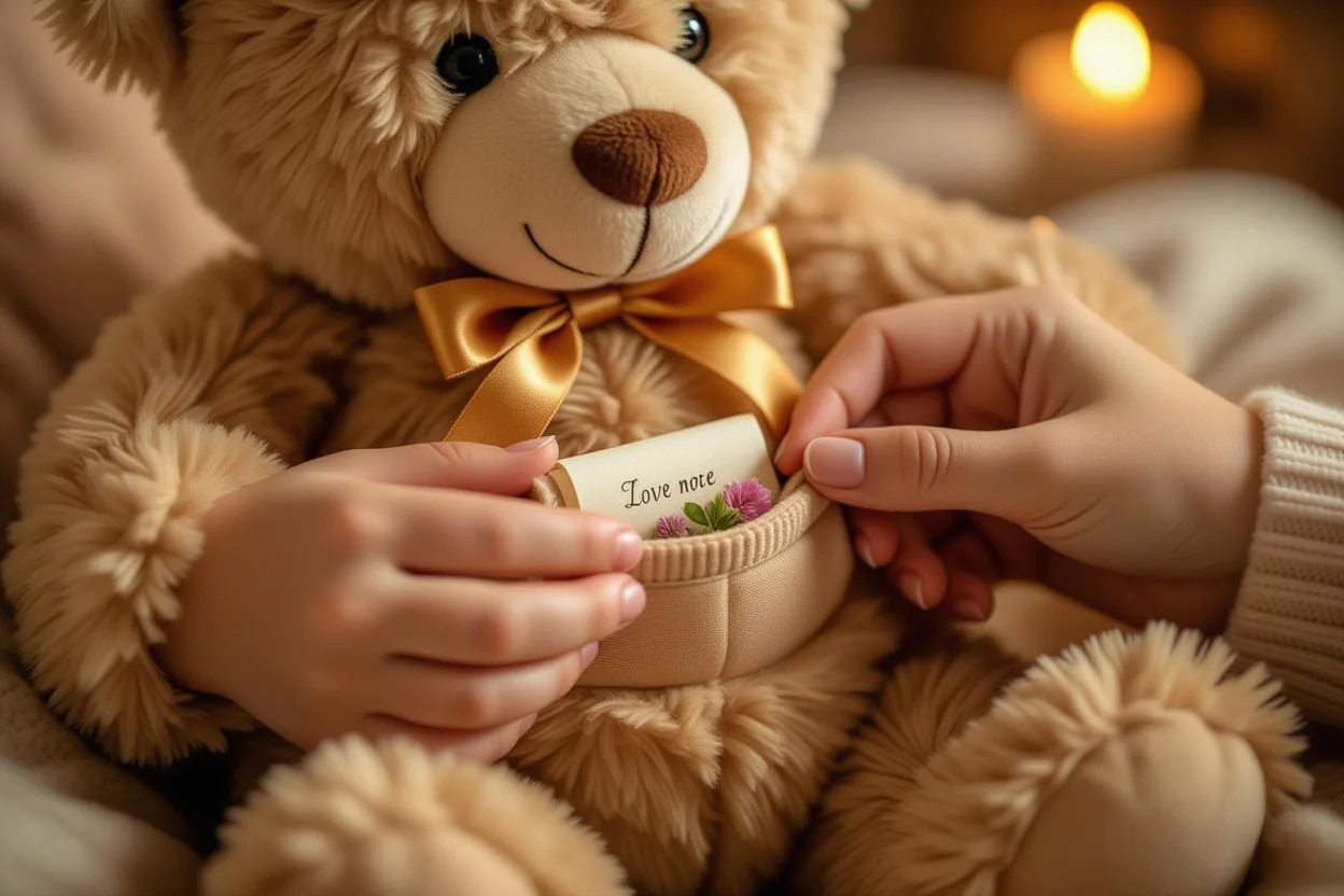 Close-up of hands discovering hidden love note in teddy bear - intimate surprise gift moment
