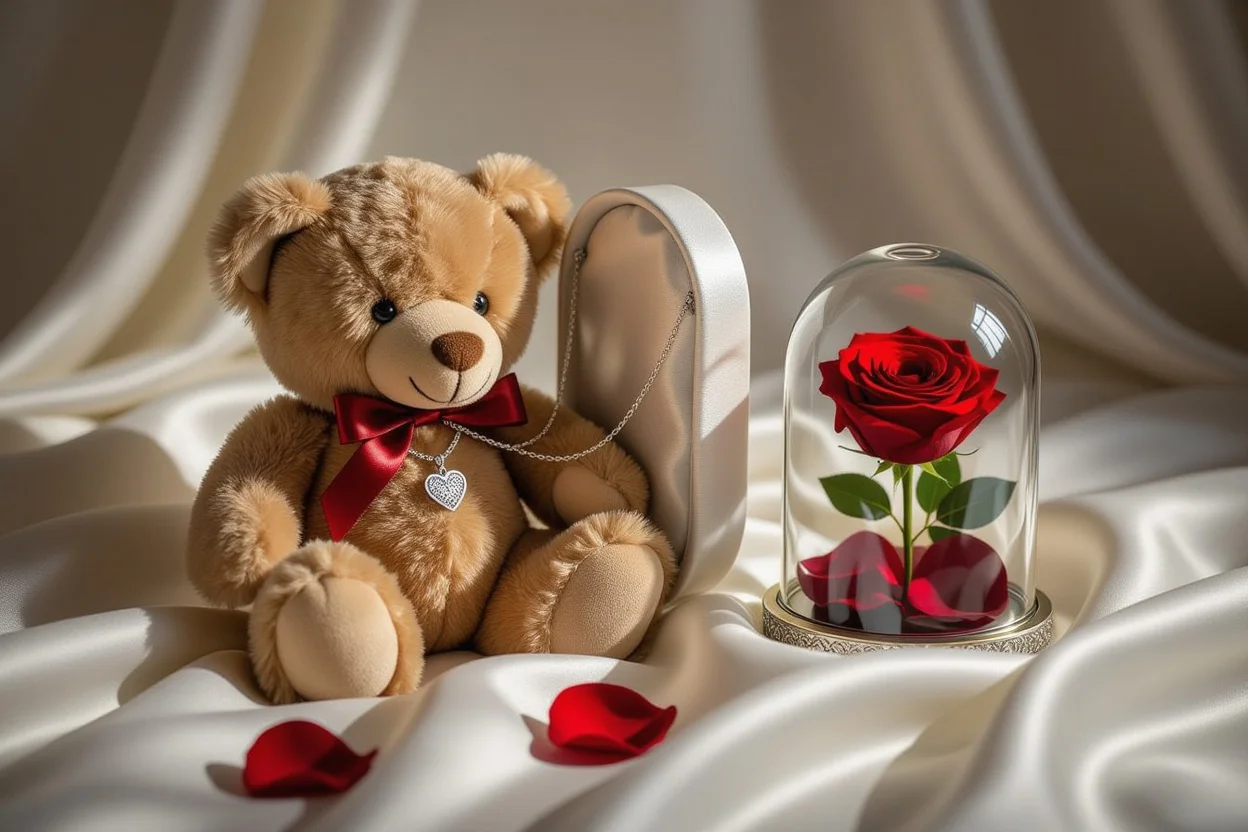 Teddy bear with hidden necklace compartment and preserved rose romantic gift set