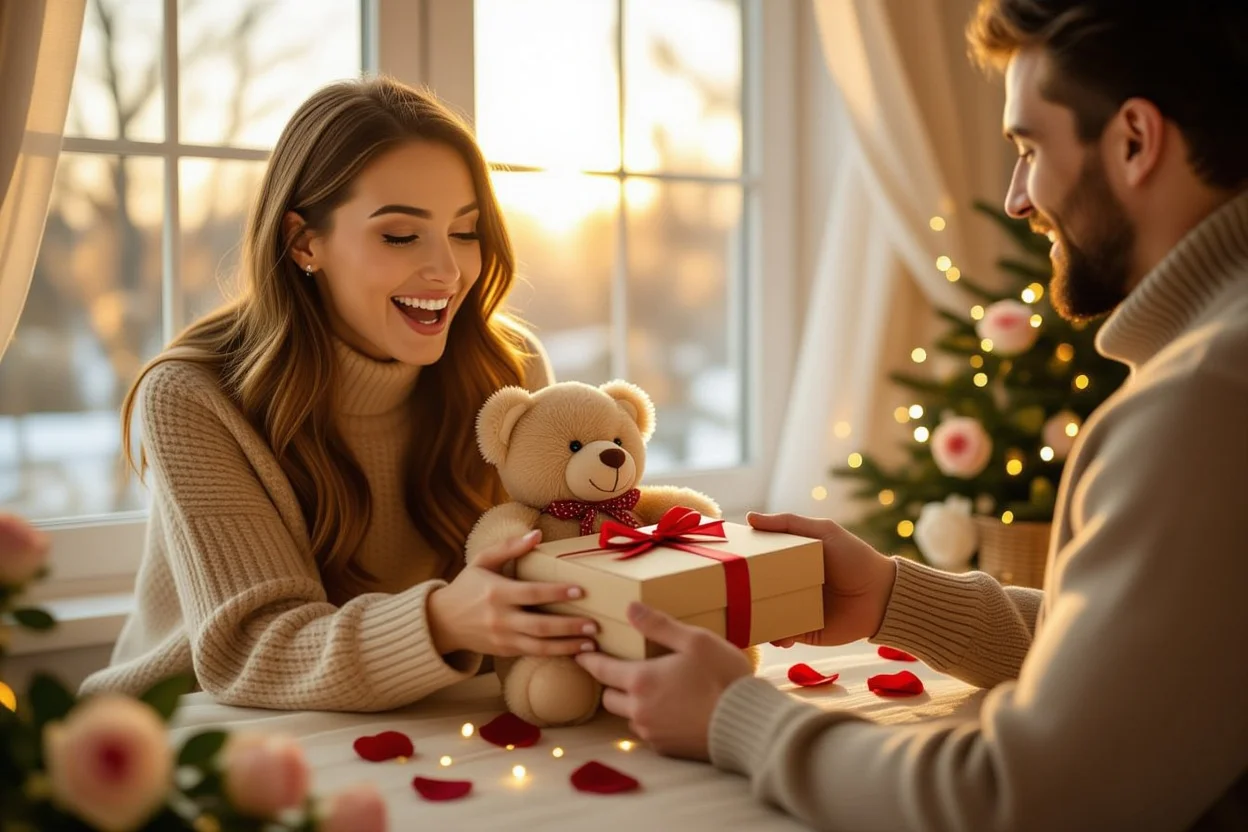 Couple exchanging romantic teddy bear gift with surprise necklace moment