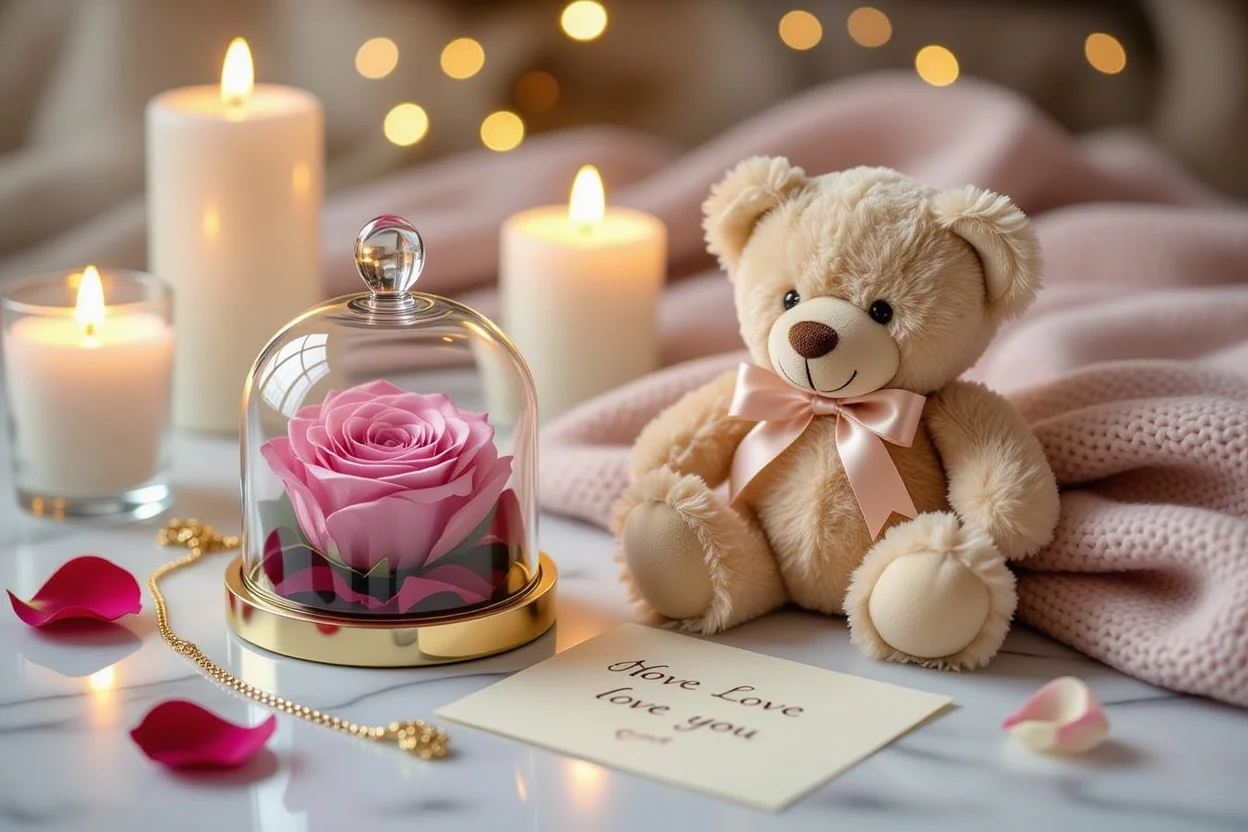 Luxury romantic gift set flatlay with teddy bear, preserved rose, and hidden necklace