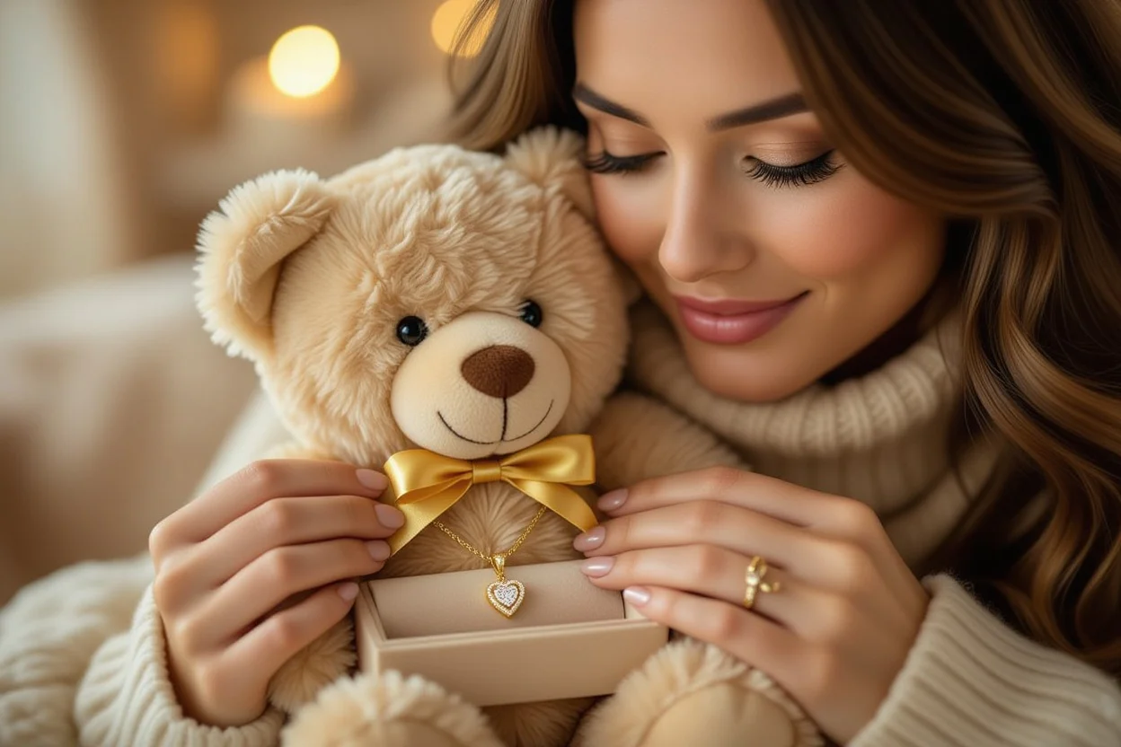 Woman discovering hidden gold necklace surprise inside teddy bear gift