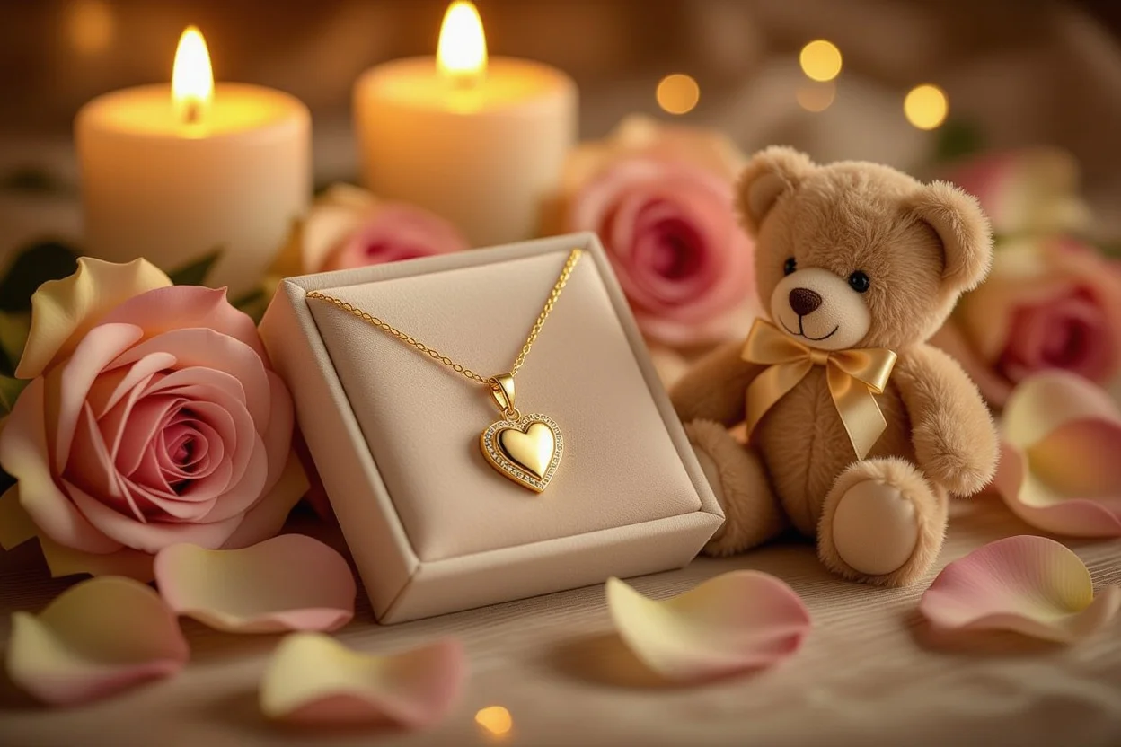 18k gold heart necklace romantic gift with teddy bear and rose petals