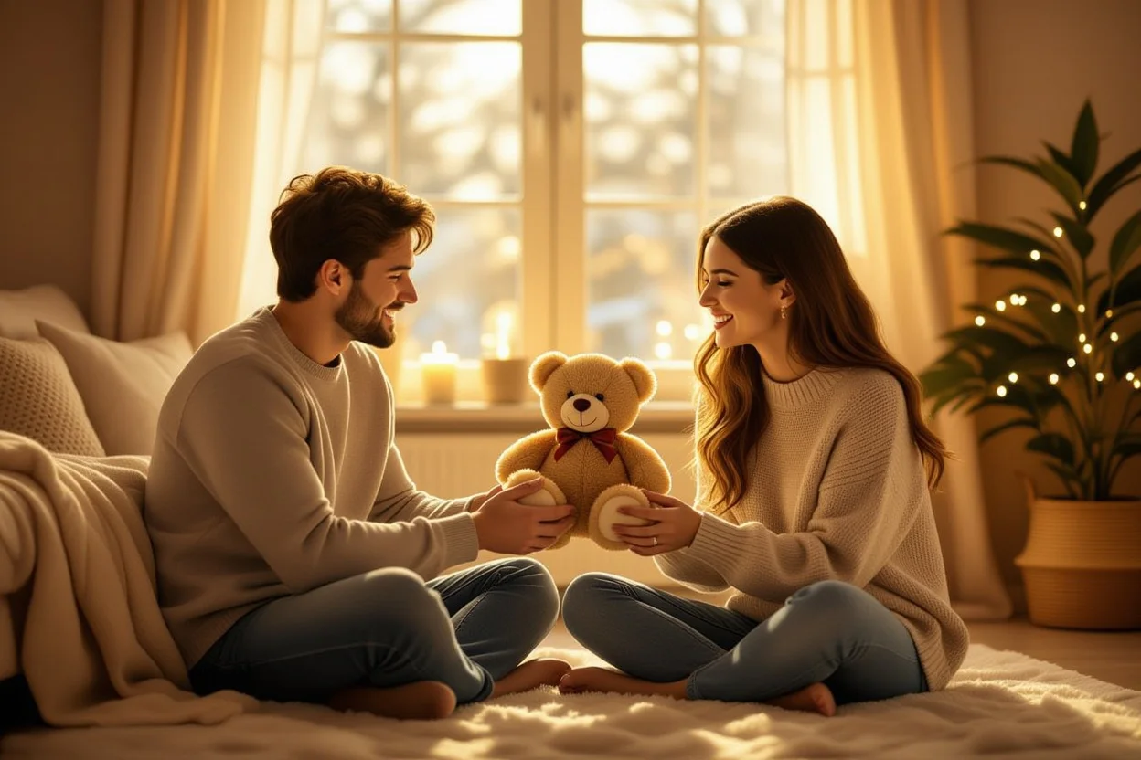 Romantic couple gift giving moment with surprise teddy bear present