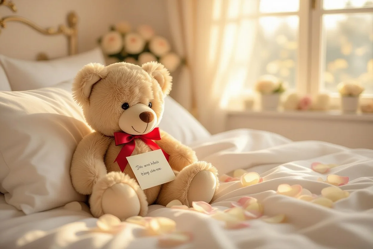 Romantic teddy bear gift with rose petals on bed for everyday love gestures