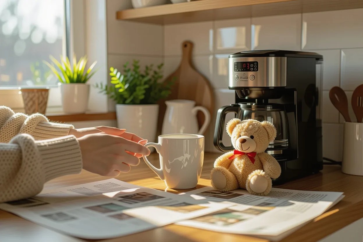 Couple sharing coffee with surprise teddy bear gift on ordinary Tuesday morning