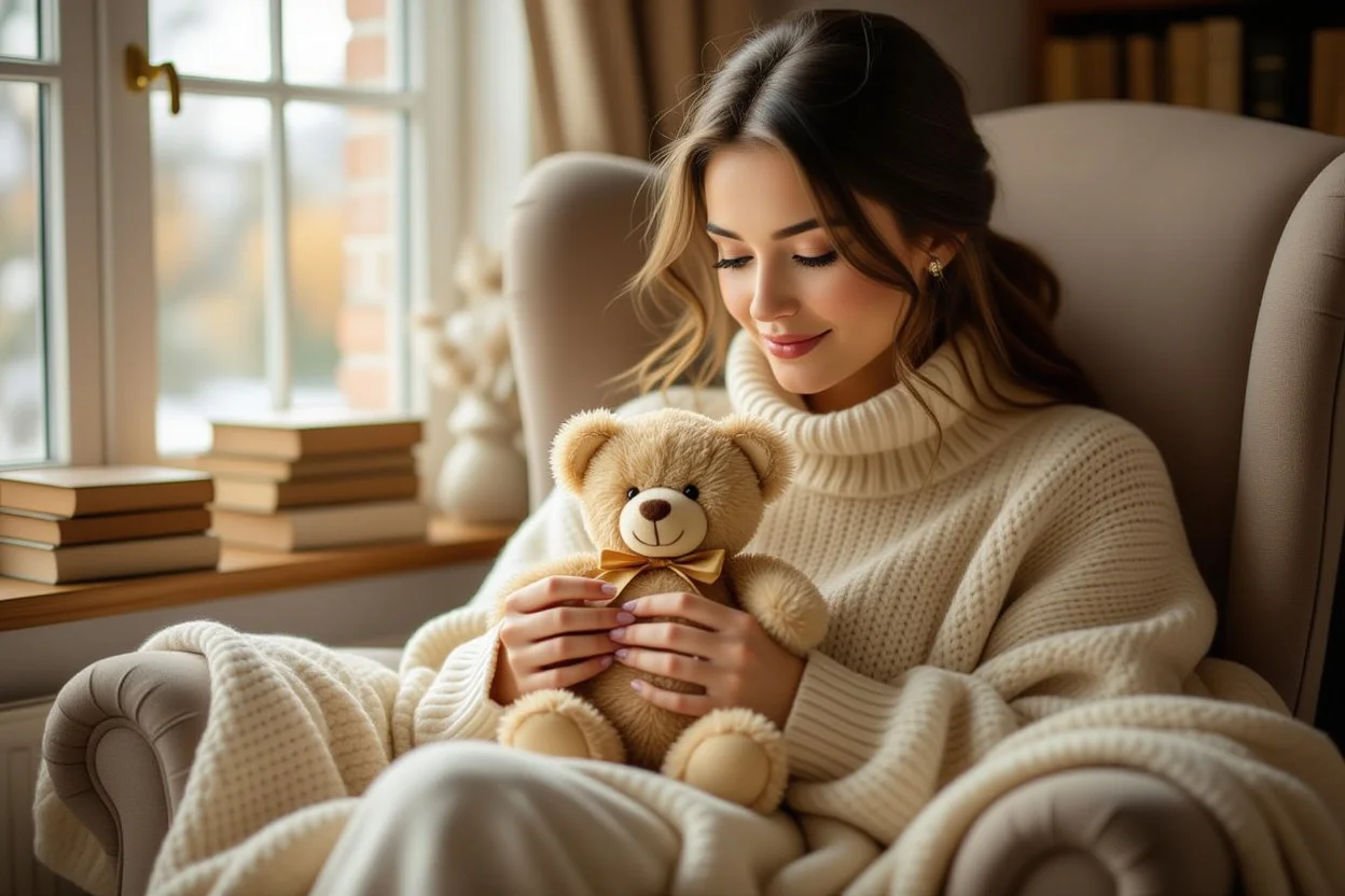 Woman holding surprise teddy bear gift showing joy from unexpected romantic gesture