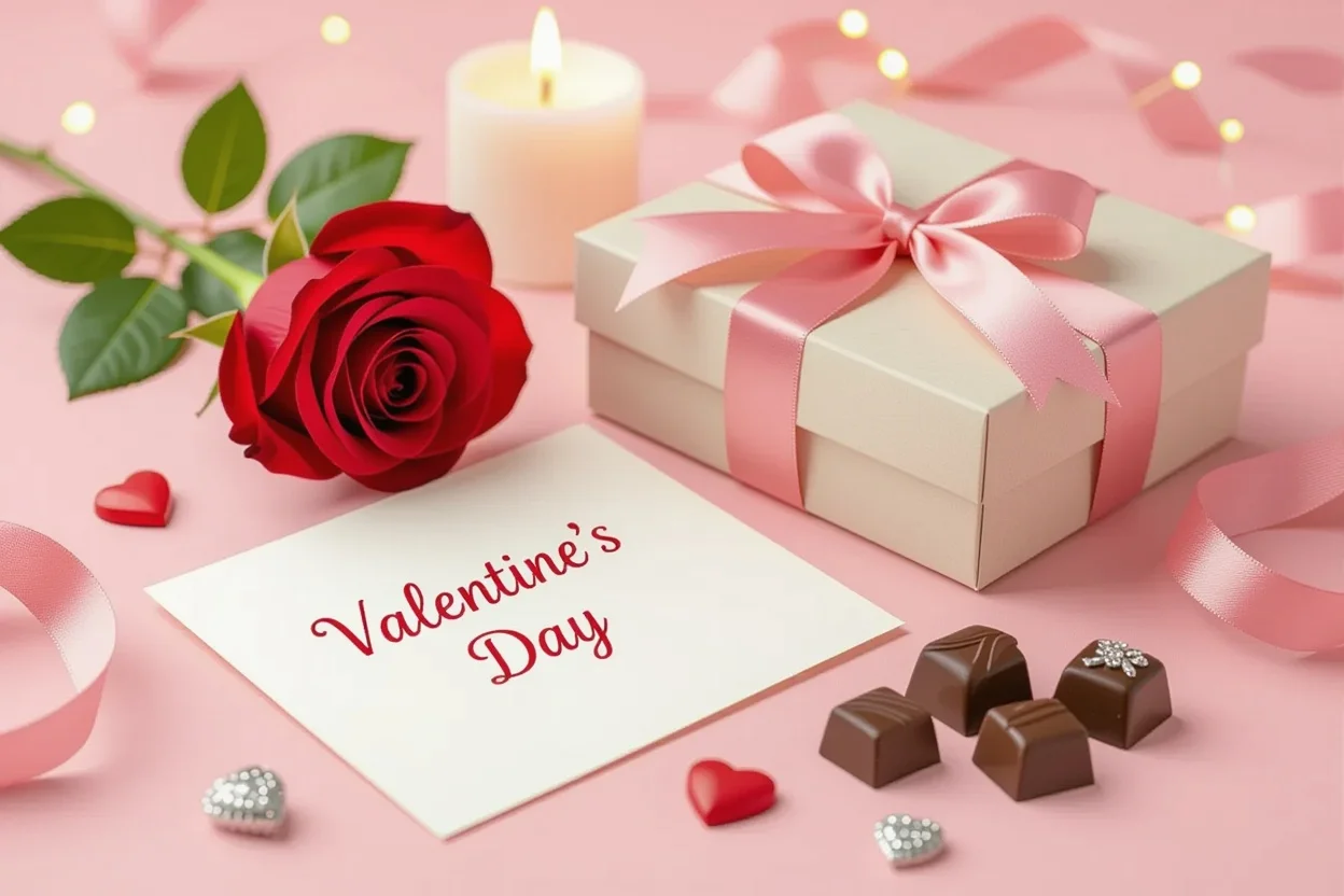 Romantic Valentine's Day gifts thoughtfully arranged with rose and love note