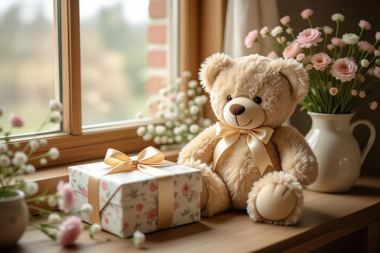 Thoughtful teddy bear gift with preserved flowers and elegant wrapping