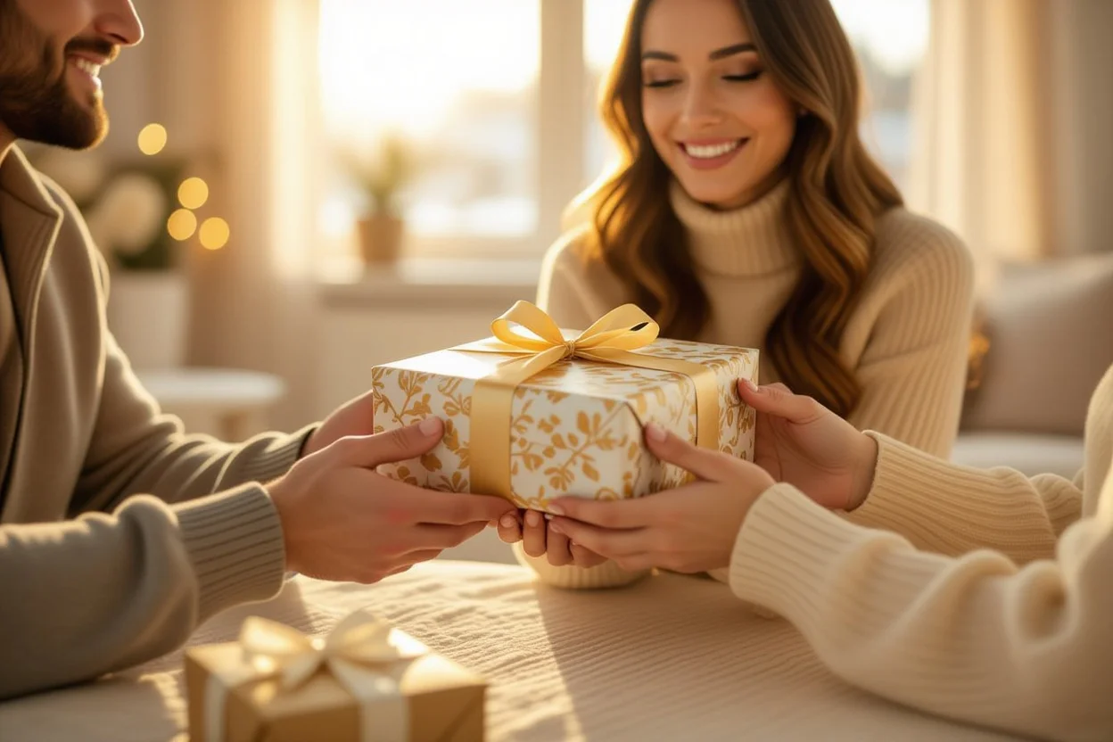 Couple exchanging anniversary or birthday gifts in intimate surprise moment