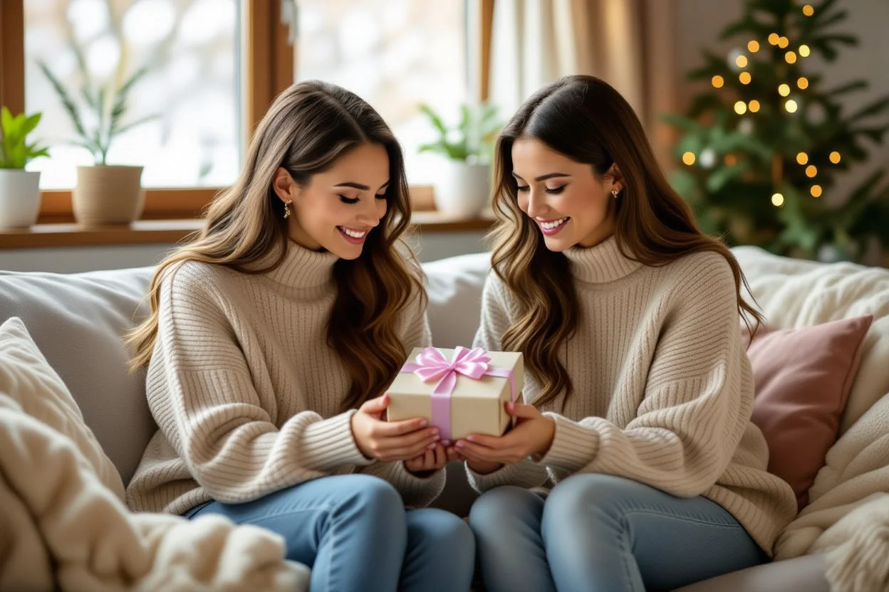 Friends or sisters sharing thoughtful gifts in cozy bonding moment