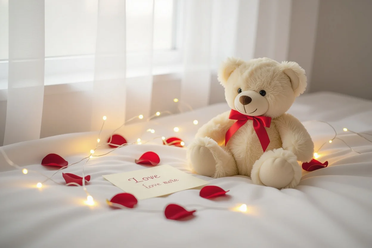 Romantic teddy bear gift arrangement with rose petals and love note on white bedding