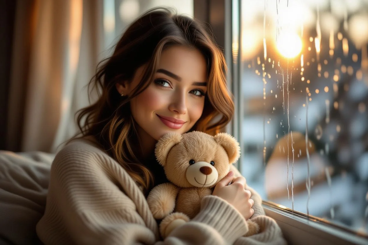 Woman smiling while holding romantic teddy bear gift by window on rainy day