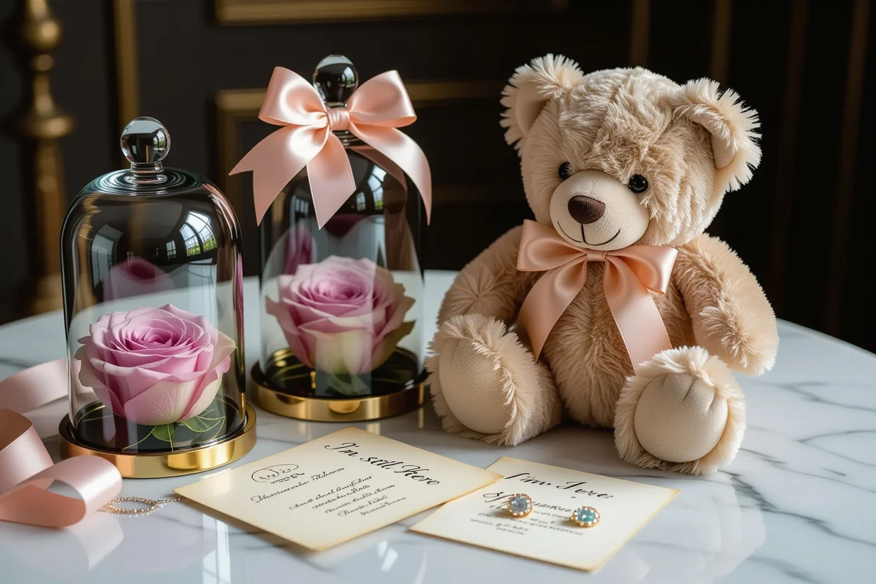 Luxury romantic gift flat lay with teddy bear, preserved roses, and love letters