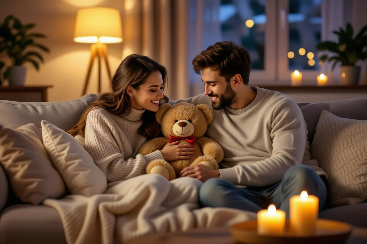 Couple sharing intimate moment with surprise teddy bear gift on cozy sofa
