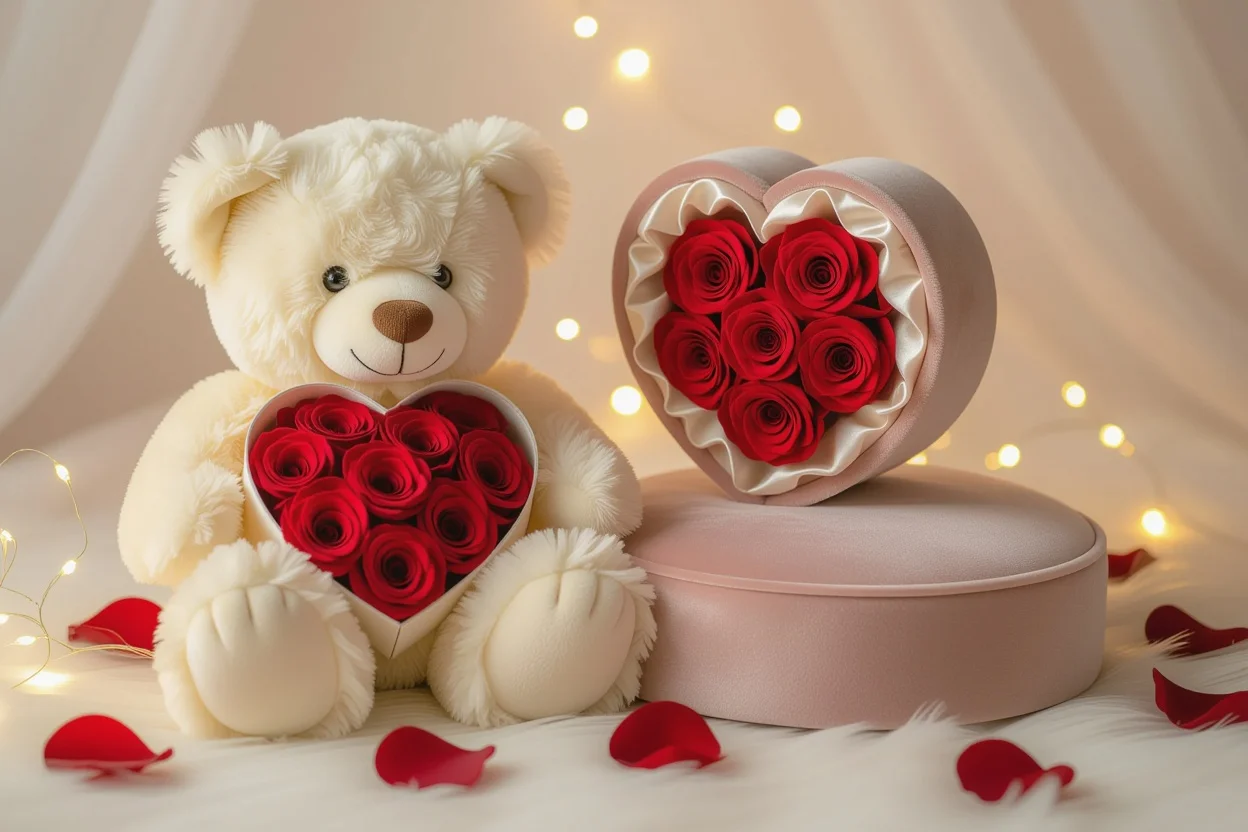 Romantic teddy bear with hidden preserved roses inside chest cavity - ultimate romantic gift for girlfriend