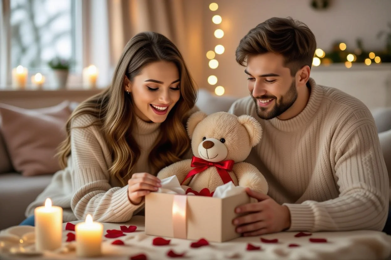Emotional moment of girlfriend receiving romantic teddy bear surprise gift from boyfriend
