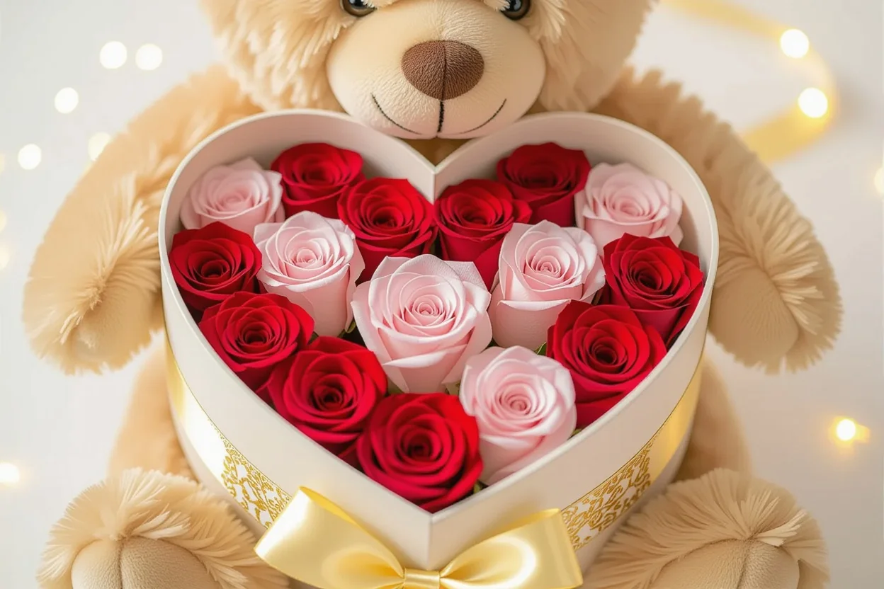 Close-up of preserved eternal roses hidden inside romantic teddy bear heart compartment