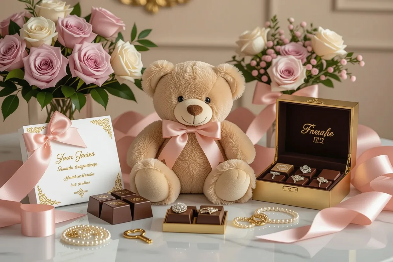 Luxury romantic gift collection featuring teddy bear with hidden roses and premium gift accessories