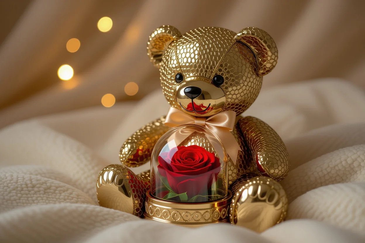Luxury teddy bear with preserved rose in glass dome - romantic surprise gift