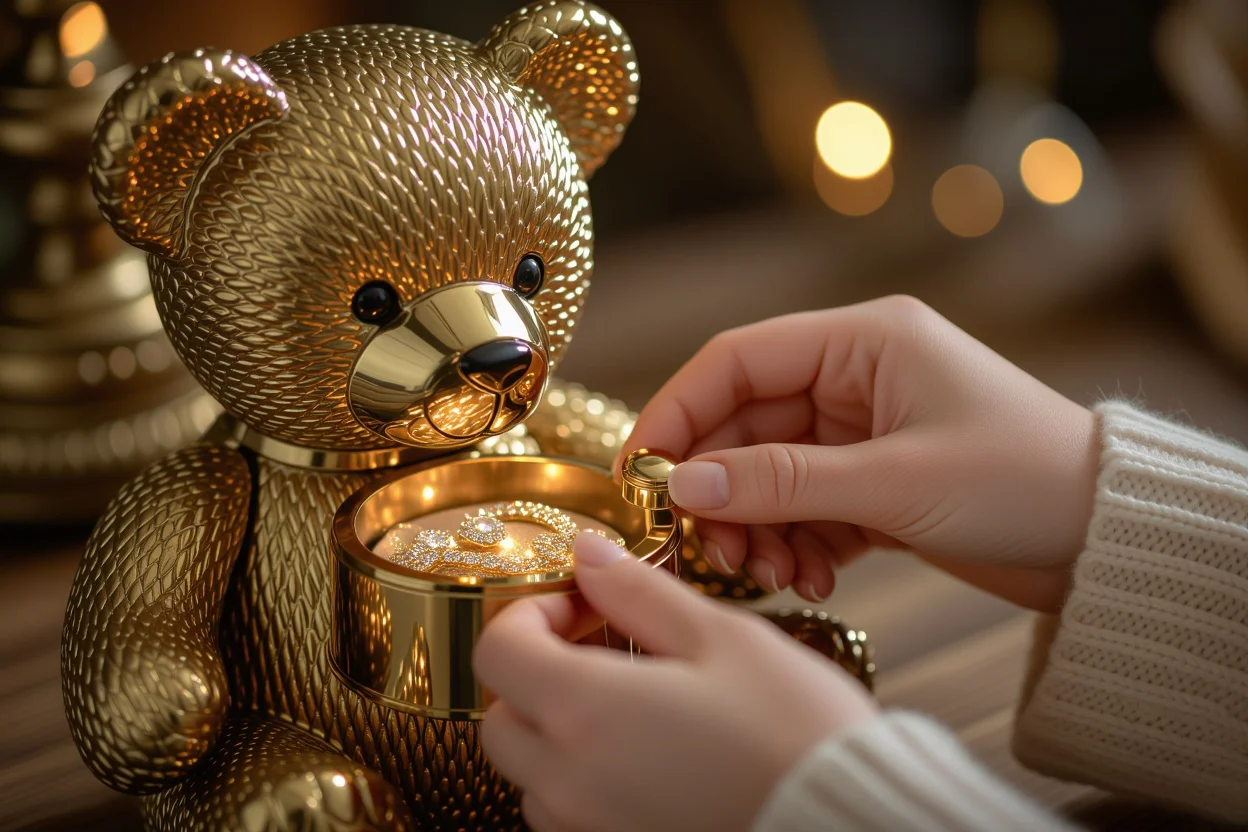 Hidden compartment opening in teddy bear revealing surprise jewelry gift