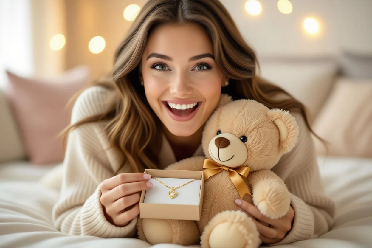 Woman discovering surprise necklace hidden in teddy bear gift - magical romantic moment