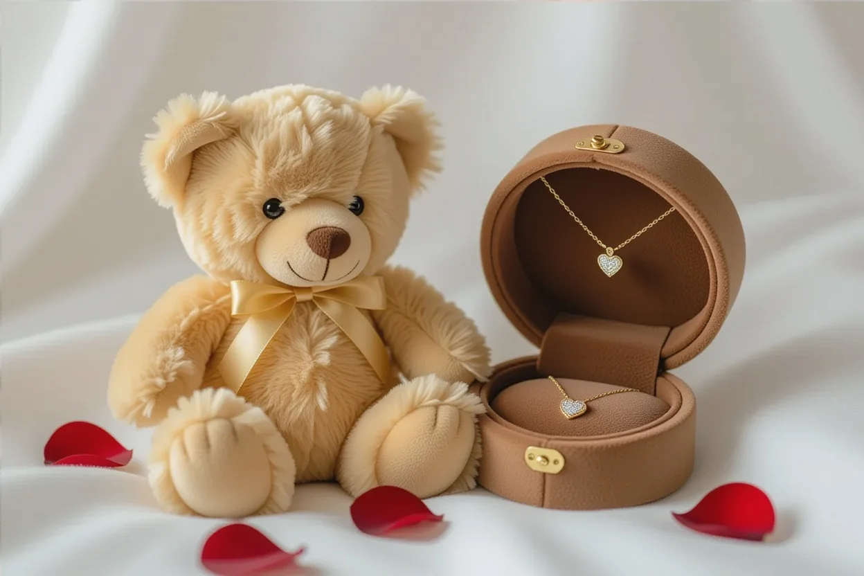 Mountova Pro teddy bear with hidden necklace compartment opened showing romantic jewelry surprise gift