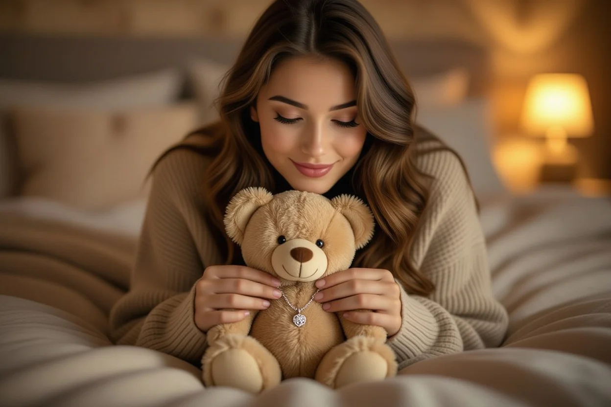 Woman discovering hidden necklace surprise inside teddy bear romantic gift moment