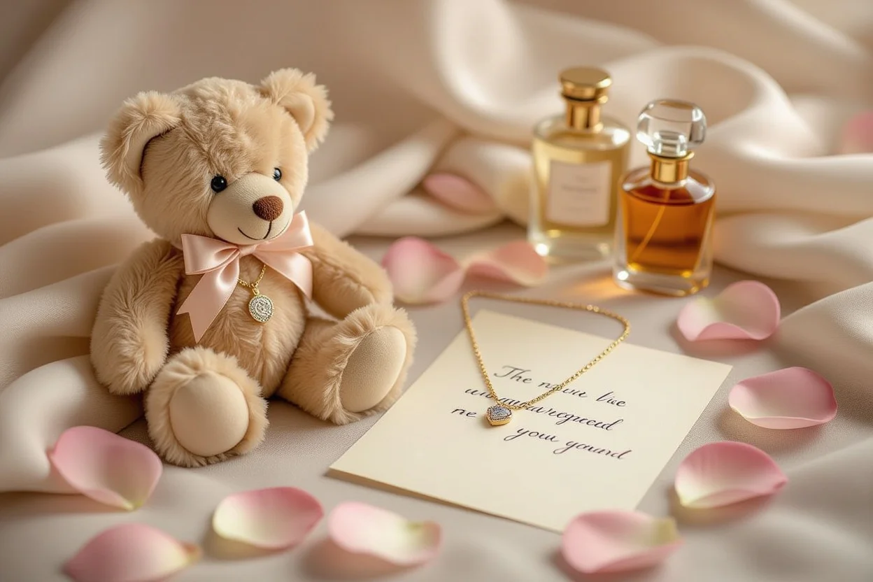 Romantic gift flat lay with teddy bear necklace surprise Valentine's Day anniversary gifts