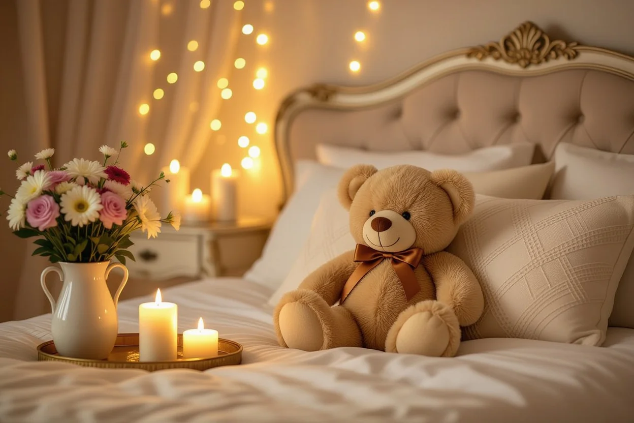 Romantic surprise gift setup with teddy bear in intimate bedroom setting with candles and flowers