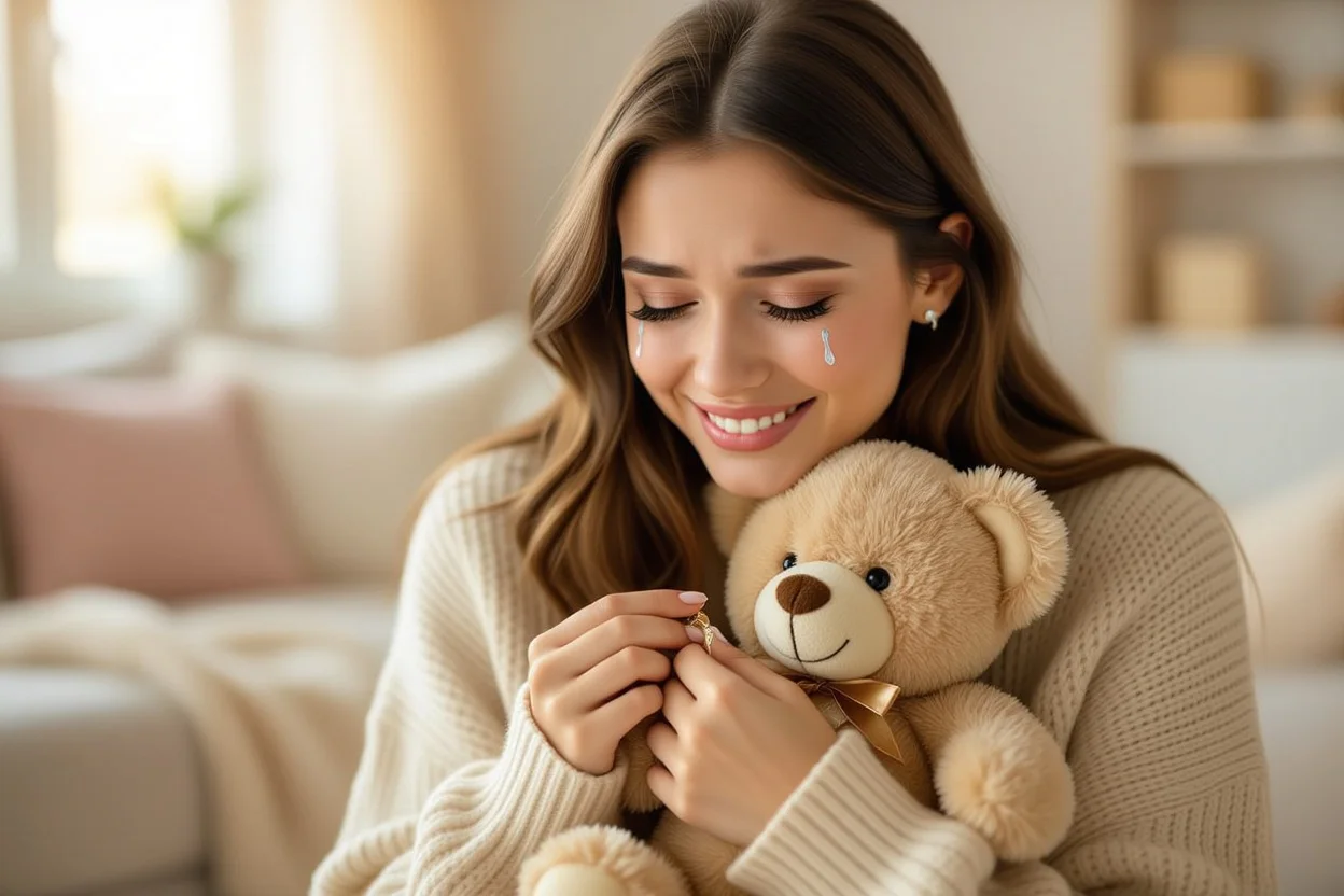 Woman crying happy tears discovering surprise necklace in teddy bear romantic gift