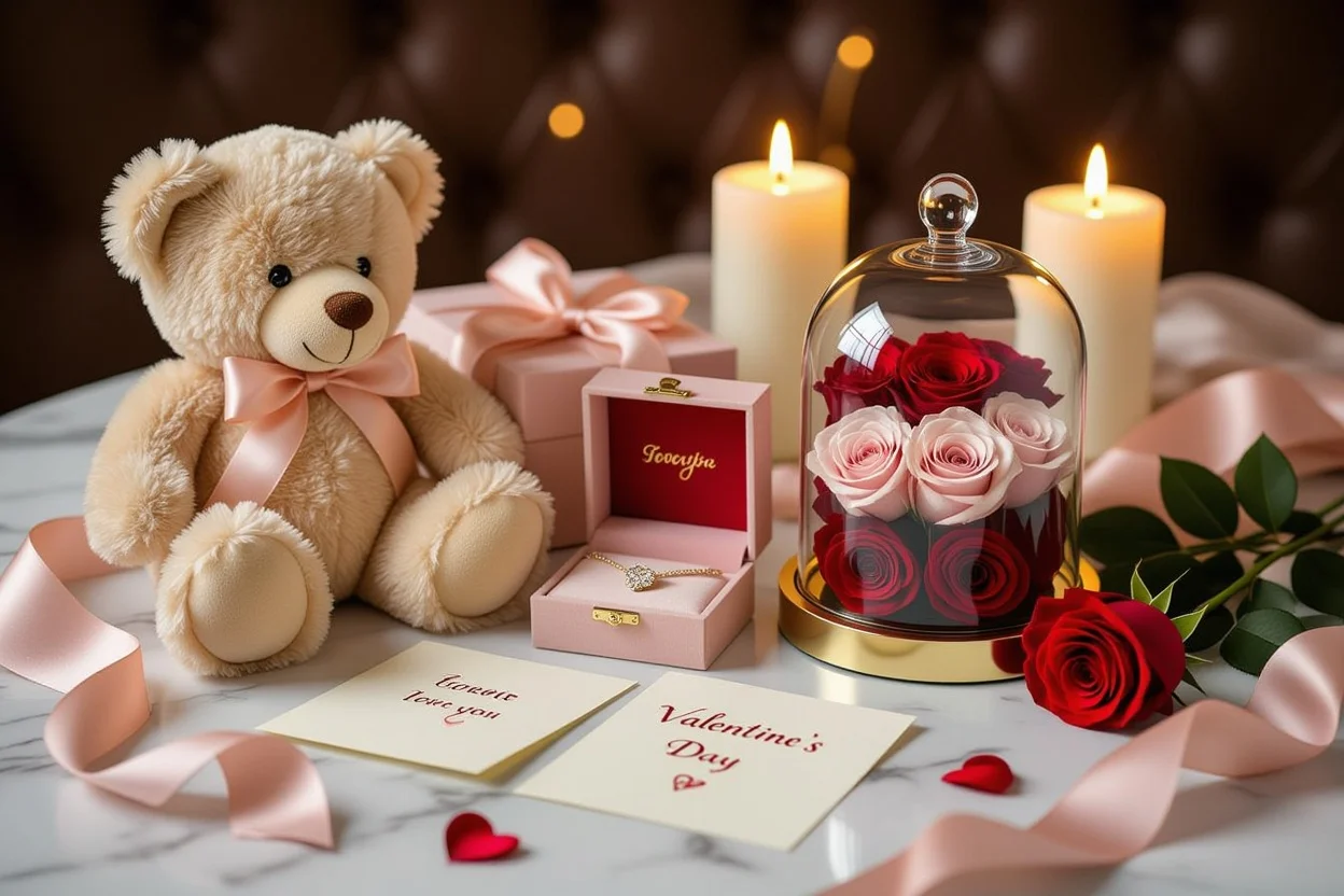 Romantic Valentine's Day gifts for her teddy bear jewelry roses gift guide