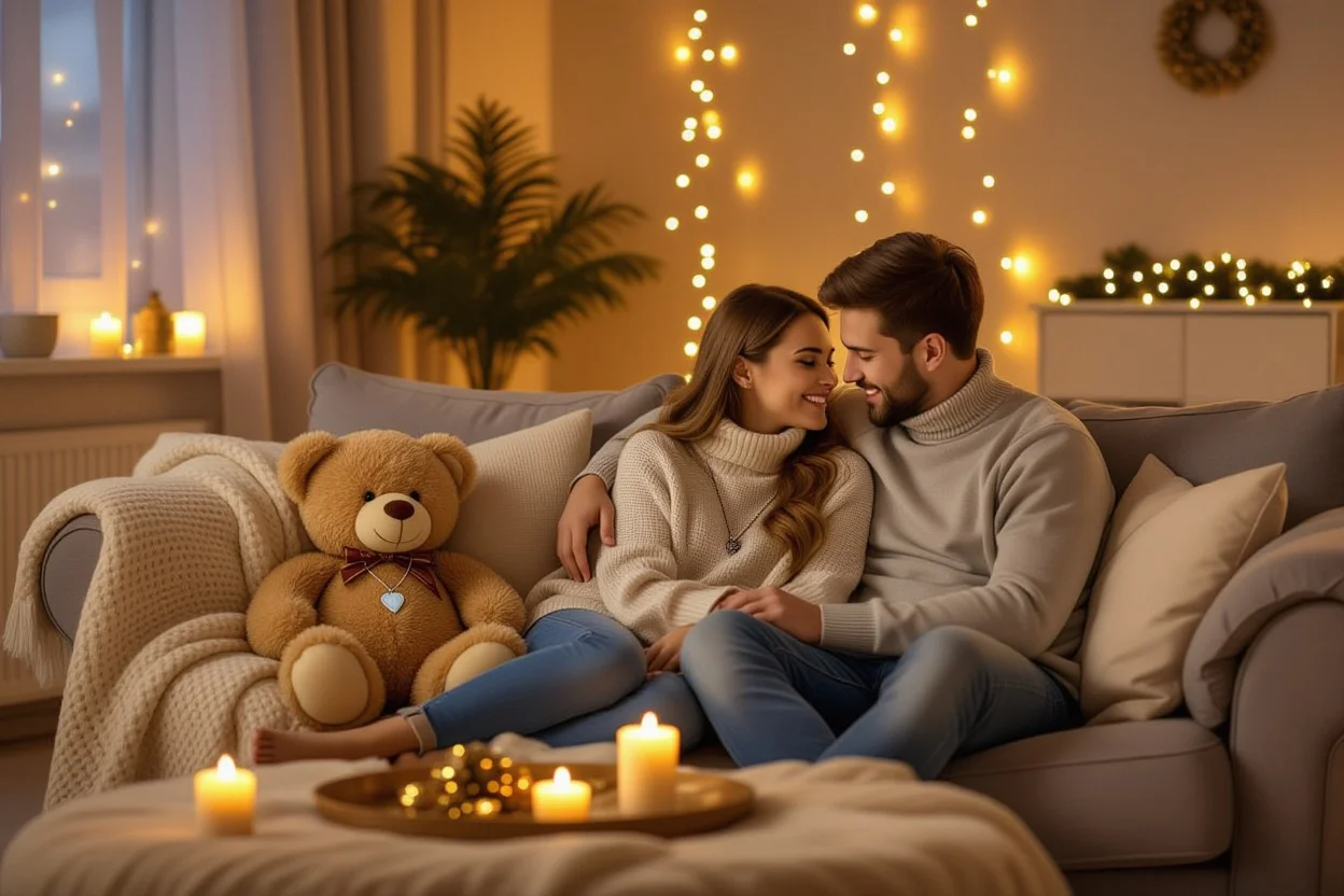 Cozy romantic apartment setting couple intimate moment teddy bear gift surprise