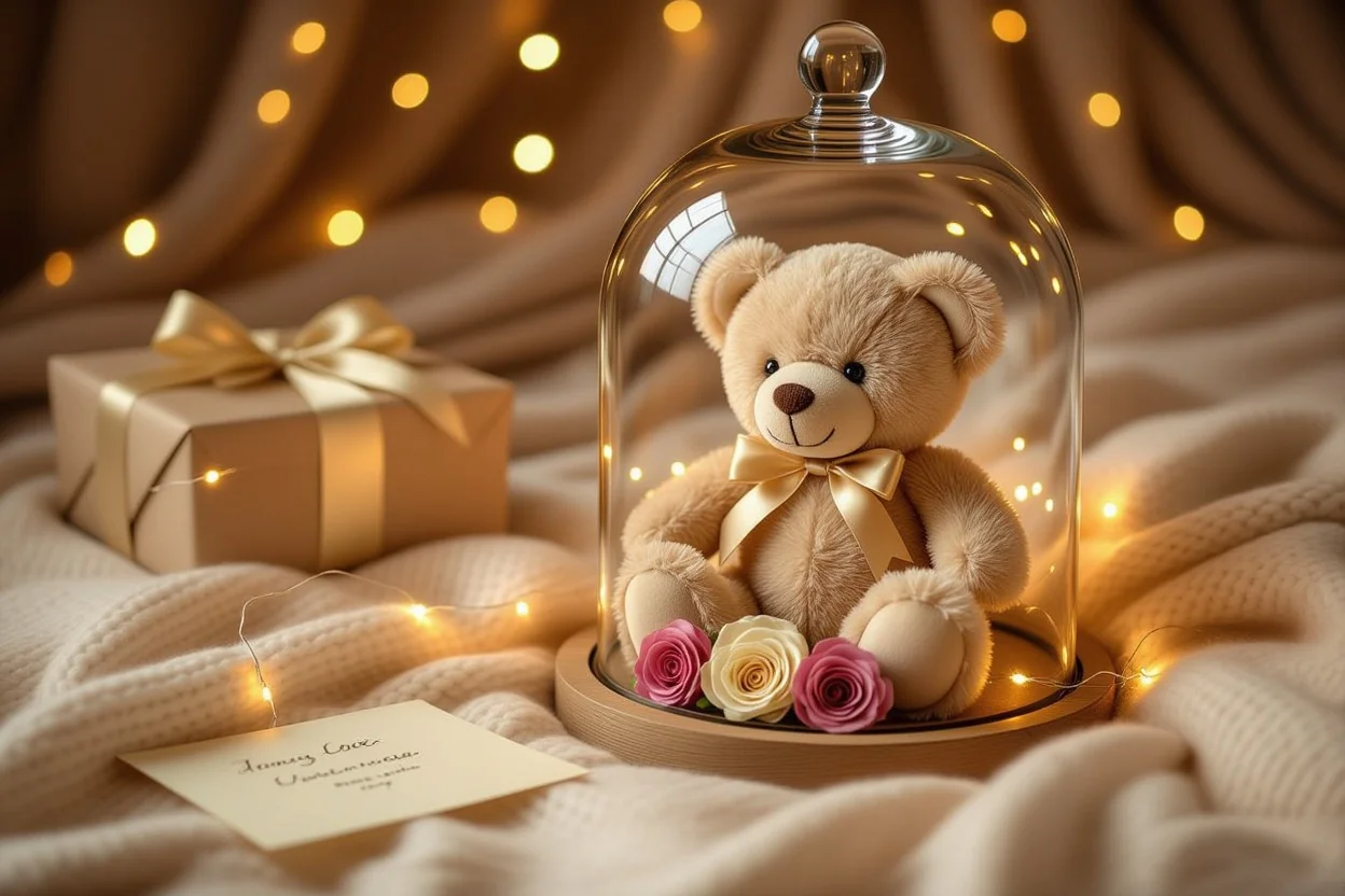 Romantic comforting gifts including teddy bear and preserved roses for lasting love