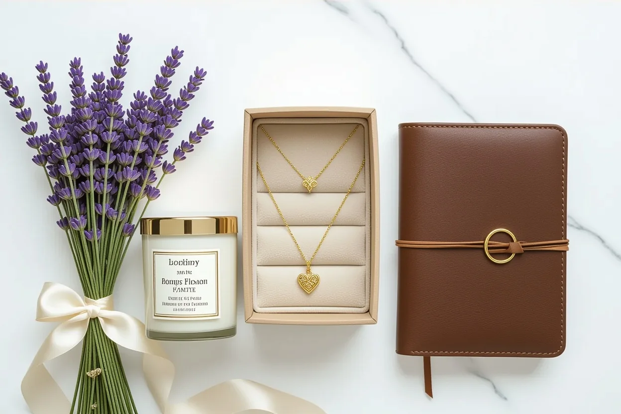 Collection of lasting romantic gifts including jewelry, candles, and personalized items for her