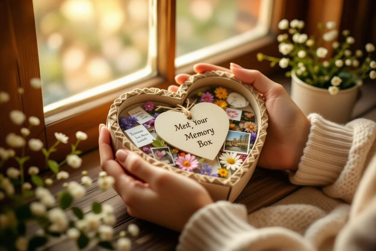 Heart-shaped memory box with romantic keepsakes and love notes for Valentine's Day