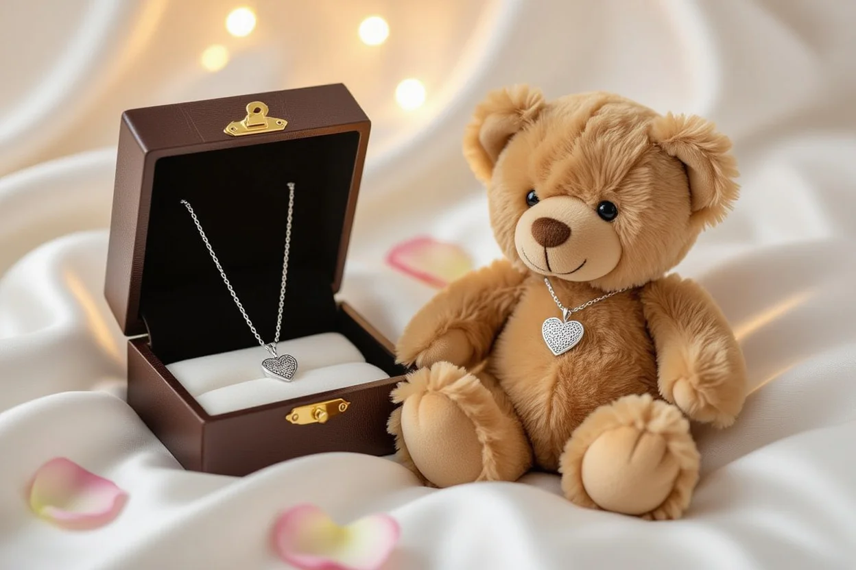 Romantic teddy bear with hidden heart necklace surprise gift for her