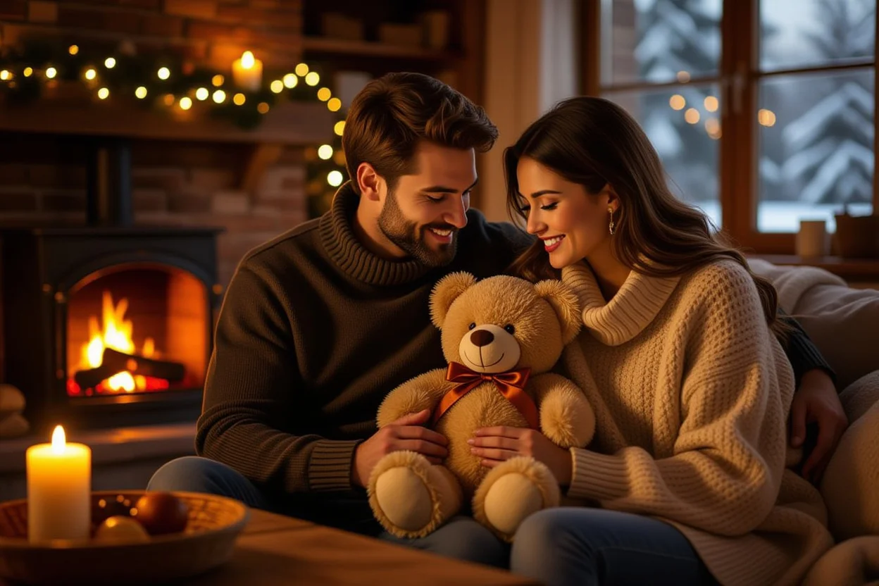 Romantic couple sharing special teddy bear gift moment together