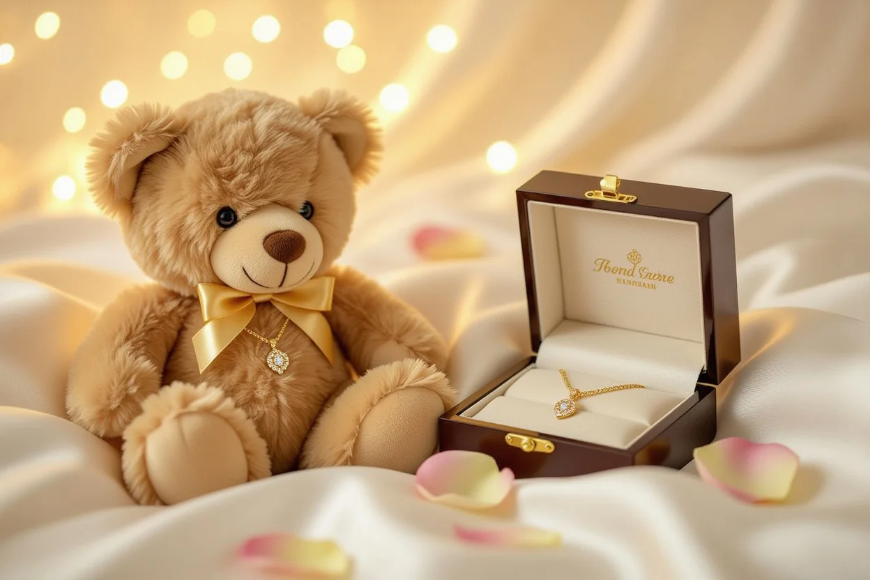 Romantic teddy bear with hidden 18k gold necklace surprise gift for her
