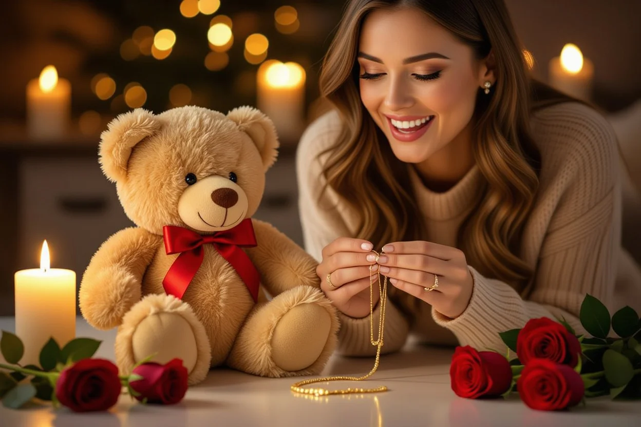 Woman discovering hidden gold necklace in romantic teddy bear anniversary gift
