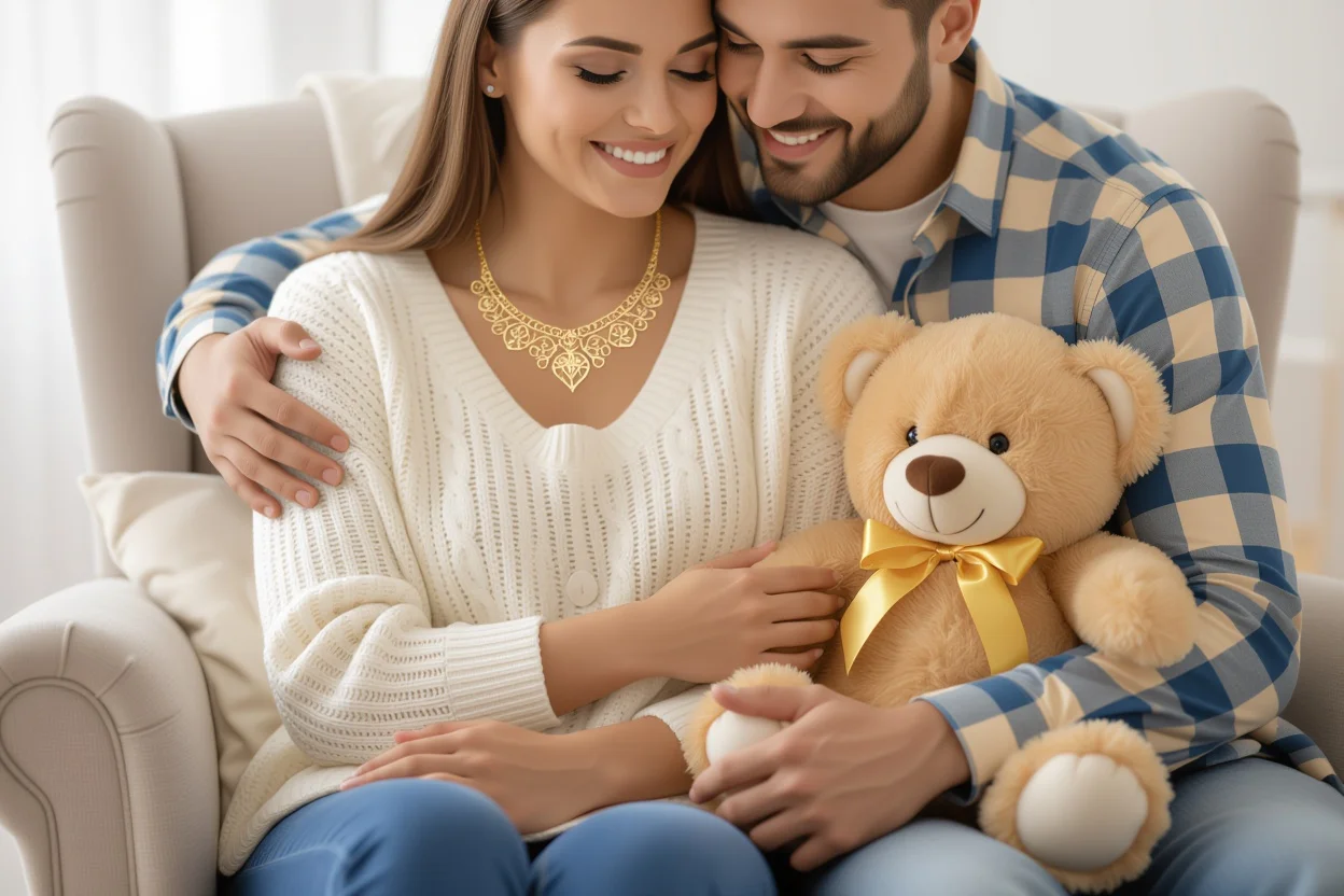 Happy couple after romantic teddy bear surprise gift with hidden necklace