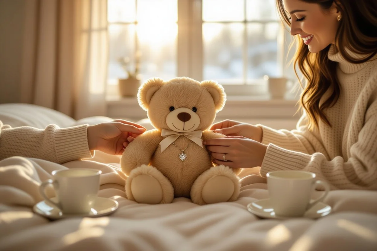 Couple discovering hidden necklace inside romantic teddy bear gift