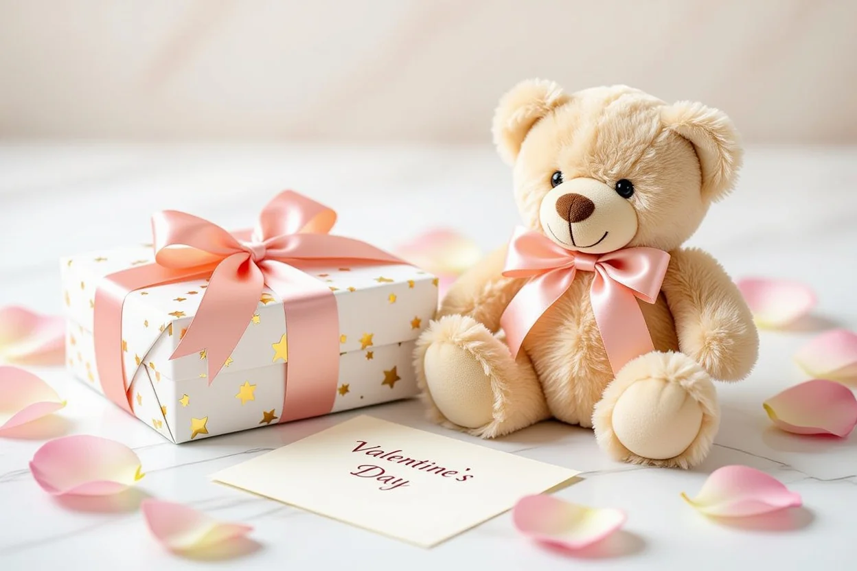 Romantic teddy bear gift presentation for Valentine's Day anniversary