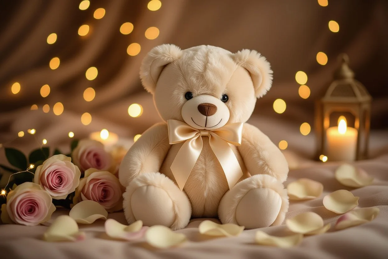 Elegant Mountova Pro teddy bear romantic gift with rose petals and fairy lights